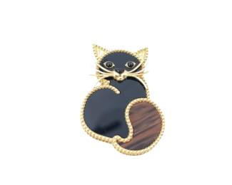 Van Cleef Arpels Lucky Animals Cat Onyx Tigers Eye 18K Yellow Gold Brooch