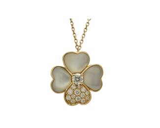 Van Cleef Arpels Cosmos Flower White Mother of Pearl Pave Diamond 18K Yellow Gold Clip Pendant