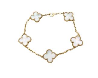 Van Cleef Arpels Vintage Alhambra White Mother of Pearl 18K Yellow Gold 5 Motif Bracelet