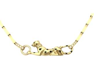 Cartier Panthere Diamond Tsavorite Black Lacquer 18K Yellow Gold Necklace