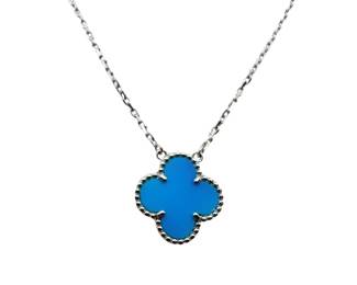 Van Cleef Arpels Vintage Alhambra Turquoise Pendant Necklace 18K White Gold