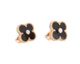 Van Cleef Arpels Vintage Alhambra Black Onyx Diamond 18K Rose Gold Limited Edition Earrings