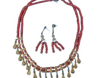 Ancient Gold Coral Pendant Jewelry Set