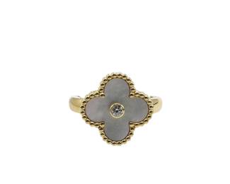 Van Cleef Arpels Alhambra Diamond White Mother of Pearl 18K Yellow Gold Ring