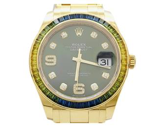 Rolex Pearlmaster Olive Dial Mens Watch in 18K Gold with Gemstone Bezel