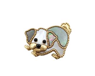Van Cleef Arpels Lucky Animals Dog Mother of Pearl Black Onyx 18K Yellow Gold Brooch