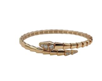Bvlgari Serpenti Half Pave Diamond 18K Rose Gold Bangle Bracelet