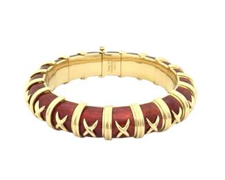 Tiffany Co. Schlumberger Vintage Croisillon Red Enamel 18K Yellow Gold Bracelet