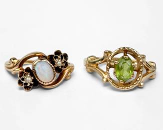 Pair of 14K Yellow Gold Opal & Peridot Rings