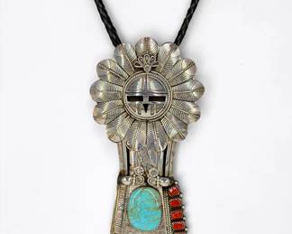 Jereme Delgarito Kachina Sterling Turquoise & Coral Bolo