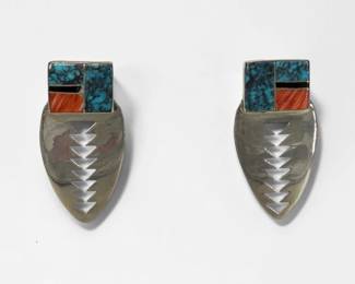 Sterling, Turquoise, & Coral Navajo-Style Earrings