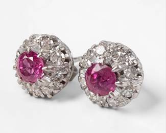 14K White Gold Ruby & Diamond Earrings