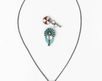 (3) Navajo Silver & Semi-Precious Stone Flower Pendants