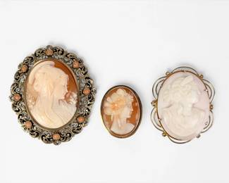 (3) Antique Cameo Pins (2) Gold & (1) .800 Silver