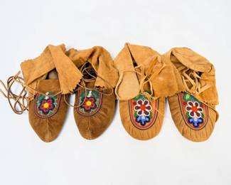 (2) Pairs of Native American Beaded Hide Moccasins (A)