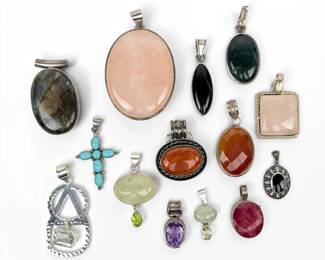 Group of (14) Sterling & Semi-Precious Stone Pendants