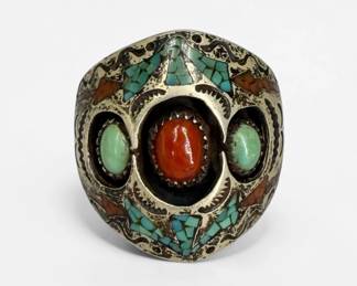 Richard Begay Turquoise & Carnelian Inlaid Sterling Mens Ring