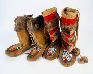 (2) Pairs of Native American Beaded & Fur Moccasins (D)