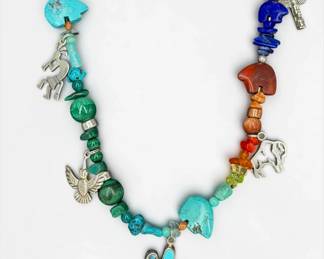 Navajo-Style Sterling Silver Charm & Semi-Precious Stone Necklace