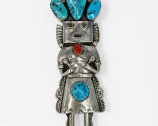 Navajo Sterling Silver, Turquoise, & Coral Kachina Pendant