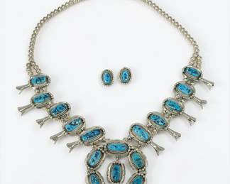 Native American Sterling & Turquoise Squash Blossom Necklace & Earrings
