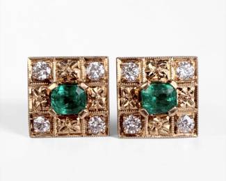14K Gold, Emerald, & Diamond Earrings