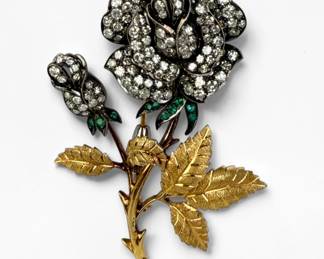 18K Yellow Gold w/ (2 CTTW) Diamond & Emerald Rose Brooch