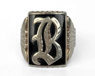 10K White Gold "B" Mens Signet Ring
