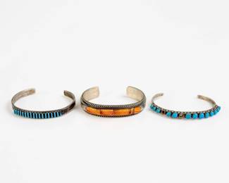 (3) Navajo & Zuni Silver & Precious Stone Cuffs (As Is)