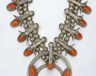 Navajo Silver & Coral Squash Blossom Necklace