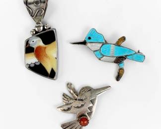 (3) Navajo Silver & Semi-Precious Stone Bird Pendants