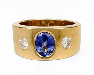 14K Yellow Gold Sapphire & Diamond Men's Ring