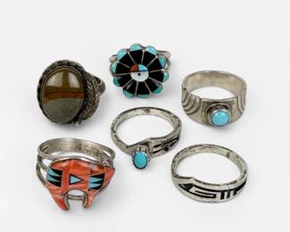 (6) Navajo Silver & Precious Stone Rings
