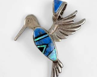 Calvin Begay Sterling & Multi-Stone Inlaid Hummingbird Pendant