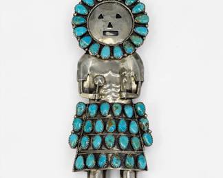 Gerald Mitchell Navajo Sterling Silver & Turquoise Kachina Brooch