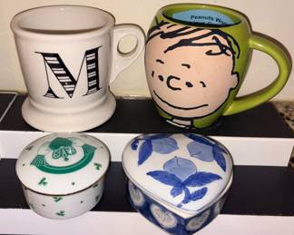 Peanuts Worldwide LLC Linus Green Coffee Mug, Anthropologie Monogram Retro Coffee Mug “M”, Etc!