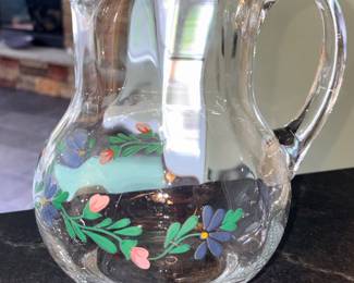 Clear Glass Pitcher W/Painted Flowers!