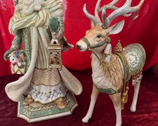 #21 - $80 - Fitz & Floyd pottery Santa Classics Green & white 21"T + Deer 19"T