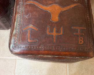 #32 - $400 - Vintage Western hand tooled leather-themed footstool or ottoman poof