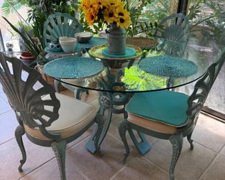 #42 - $400 - Glass top cast iron with 4 shell back chairs 49"Round Teal - Ocean blue