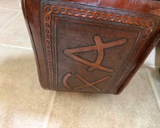 #33 - $300 - Vintage Western hand tooled leather-themed footstool or ottoman poof