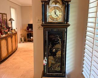 #6 - $400 - Sligh tall case clock Chinoiserie black 23x12x82