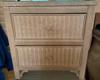 #82A - $90 - Pair of wicker night stands with glass tops 2 drawers