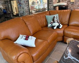 #43 - $600 - Three section leatherette brown sofa 91x91 x37Hx37D