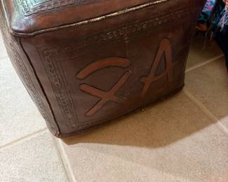 #32 - $400 - Vintage Western hand tooled leather-themed footstool or ottoman poof