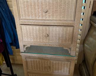#82A - $90 - Pair of wicker night stands with glass tops 2 drawers