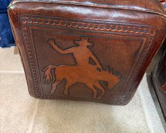 #33 - $300 - Vintage Western hand tooled leather-themed footstool or ottoman poof