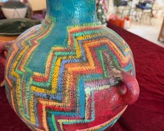 #16 - $60 - Multi color clay vase with 3 handles signed 18x13
