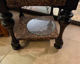 #13 - $80 - Raffia & brown wood table - knob legs 27x24x26