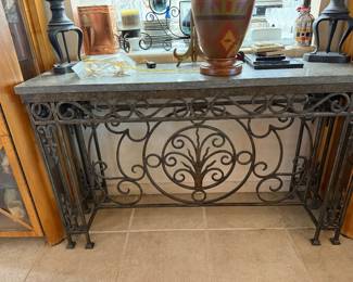 #7 - $400 - Wrought iron & marble stone table with grey top 57x17x35